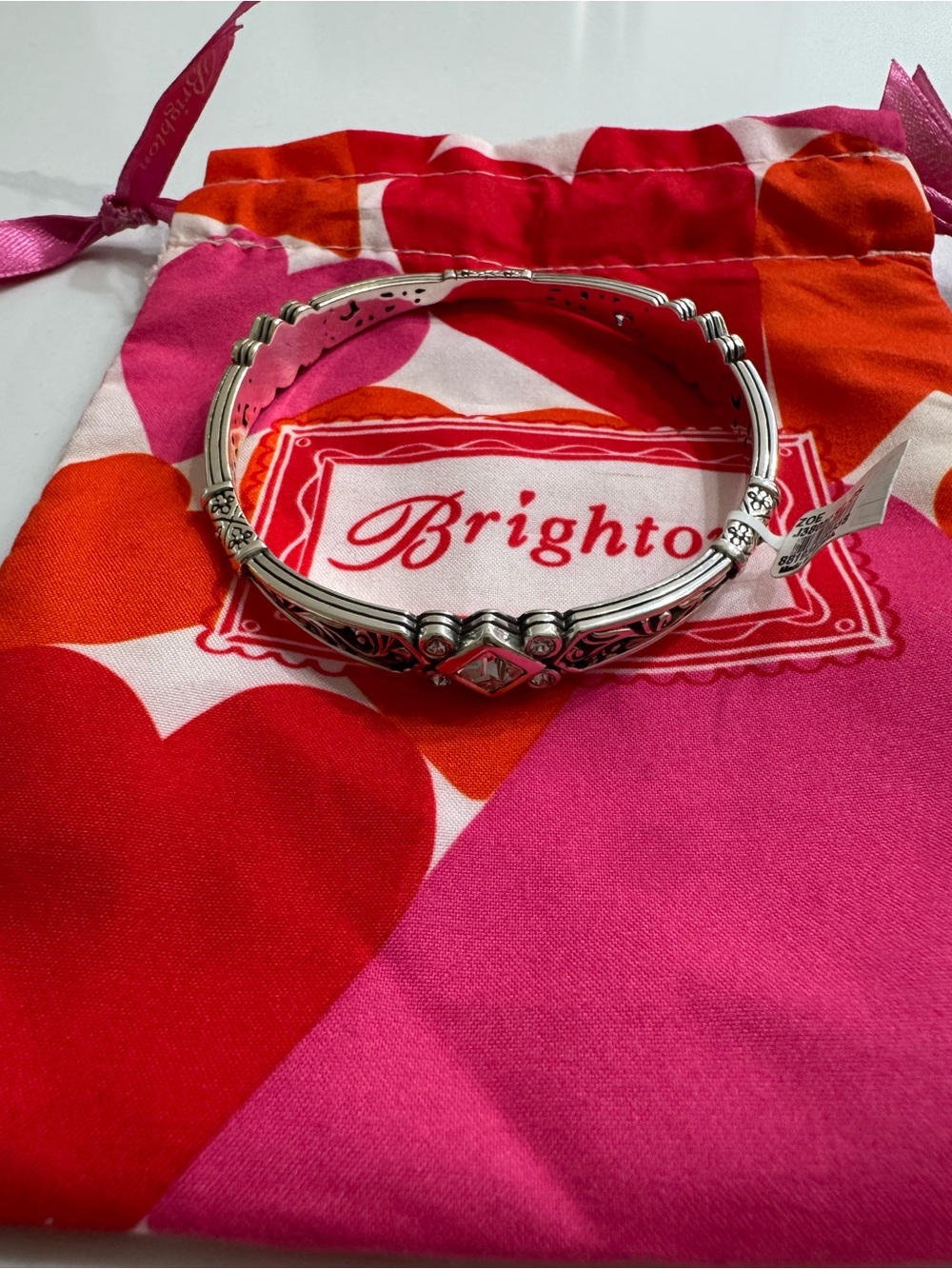 Brighton Silver-Tone Hinged Bangle with Heart Motif - Pink & Red Accents